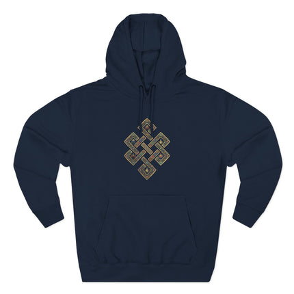 Unisex pullover hoodie featuring the geometric Endless Knot Tibetan Buddhist symbol.