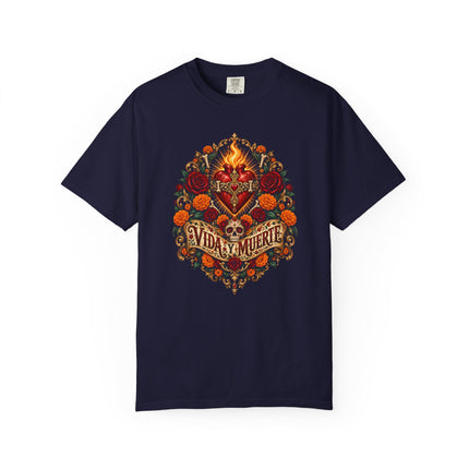 Vida y Muerte T-Shirt | Flaming Heart, Skull and Floral Artwork