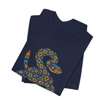 Vibrant geometric rattlesnake design inspired by Mexican Huichol folk art.