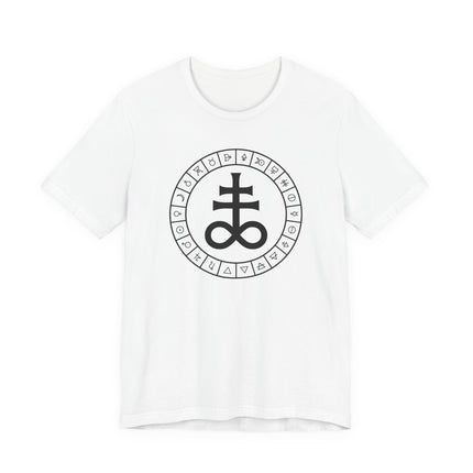 Alchemical symbol graphic tee featuring the Leviathan Cross and esoteric occult glyphs.