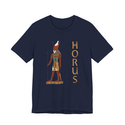 Dark blue t-shirt featuring the Egyptian god Horus graphic and name.