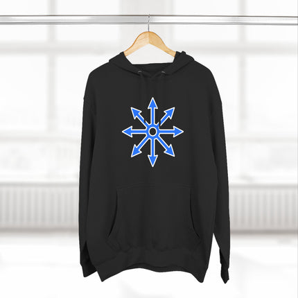 Black unisex hoodie featuring a blue eight-pointed Chaos Star symbol graphic.