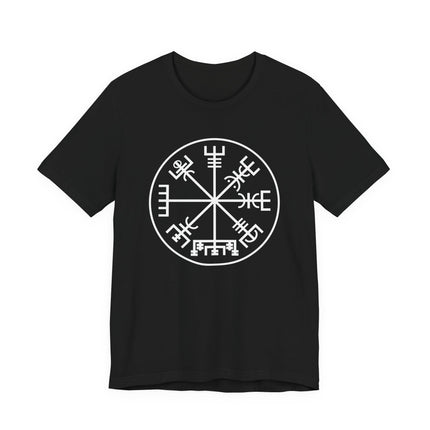 Vegvisir Viking compass graphic on a black t-shirt, featuring Norse runes and directional symbols.