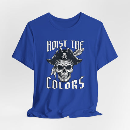Nautical pirate skull graphic t-shirt featuring a tricorn hat and "Hoist The Colors" text.