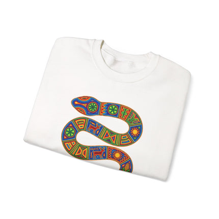 Geometric Huichol snake art sweatshirt featuring vibrant indigenous serpent patterns.