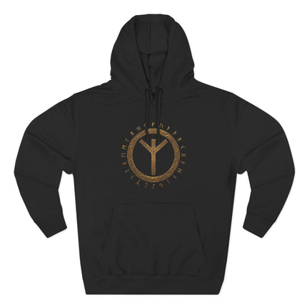 Norse Algiz rune and Elder Futhark circle design on a black protective hoodie.