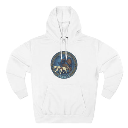 Freyja Norse Goddess emblem with chariot and dogs on a white pullover hoodie.