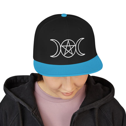 Embroidered triple moon and pentagram snapback cap for pagan and wiccan style.