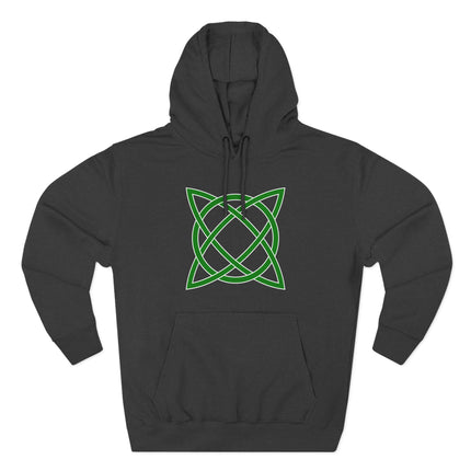 Green Celtic knot symbol graphic on a black unisex hoodie.