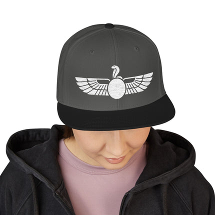 Egyptian winged cobra Uraeus symbol snapback hat. Ancient Egyptian mythology accessory.