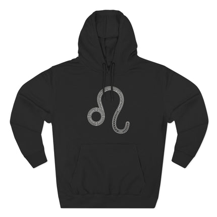 Black pullover hoodie featuring an intricate Leo zodiac sign symbol.