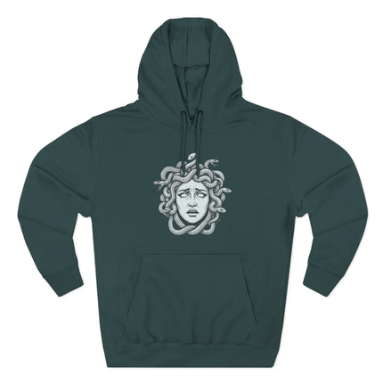 Medusa head graphic hoodie featuring coiled snakes and Greek mythology art.
