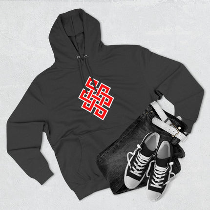 Red Endless Knot Buddhist symbol graphic on a black unisex pullover hoodie.