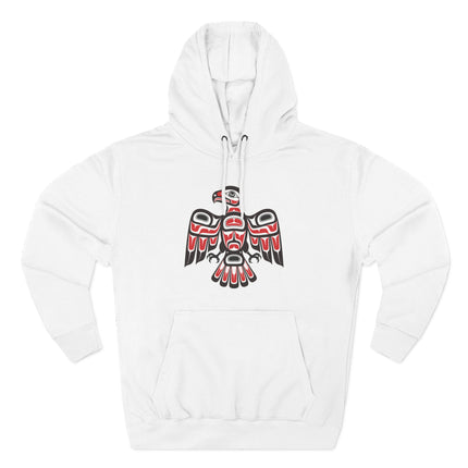 Red and black stylized hawk graphic in Northwest Coast tribal formline art style.