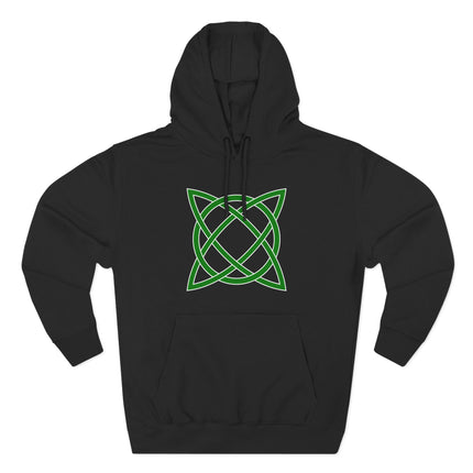 Black hoodie featuring a green Celtic knot design. Unisex knotwork symbol for pagan or boho style.