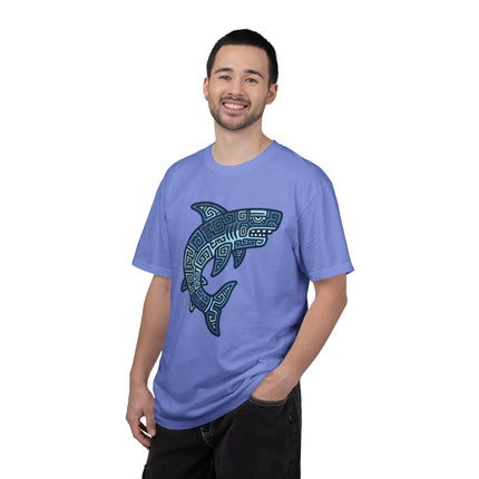 Mayan Tribal Shark T-Shirt | Blue Geometric Design Ocean Tee | Comfort Colors
