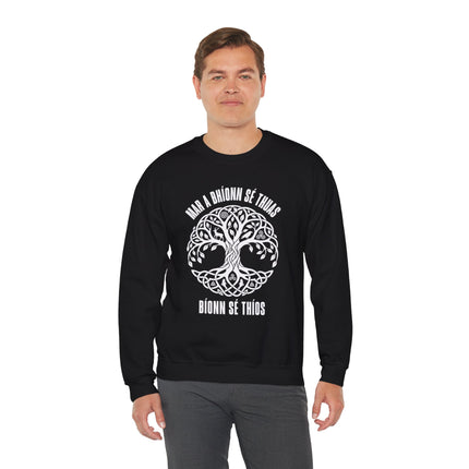 Celtic Tree of Life knot sweatshirt featuring Irish Gaelic spiritual text.
