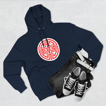 Navy pullover hoodie featuring a red Cai symbol graphic, representing Chinese wealth and prosperity.