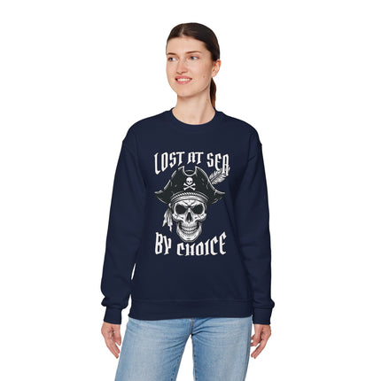Lost At Sea By Choice pirate skull graphic sweatshirt. Nautical adventure apparel.