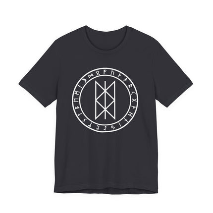 Norse Web of Wyrd rune circle graphic tee on a black unisex t-shirt.