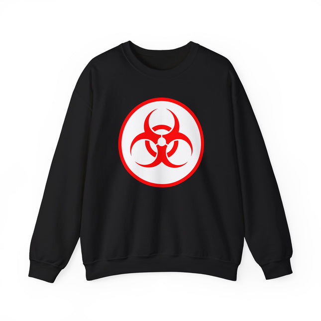 Black sweatshirt featuring a red biohazard warning symbol graphic.