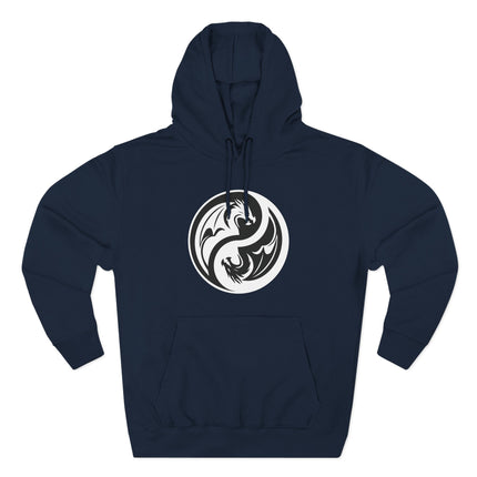 Black and white dragon Yin Yang symbol on a navy hoodie, representing balance, duality, and power.