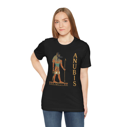 Anubis jackal god graphic tee featuring ancient Egyptian mythology on a black t-shirt.