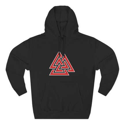 Black hoodie featuring a red Valknut Norse symbol graphic.