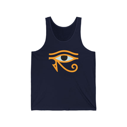 Eye of Horus symbol graphic on a navy blue unisex tank top, representing ancient Egyptian mythology.