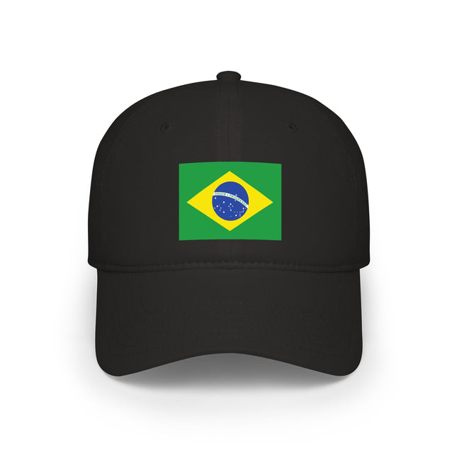 Black baseball cap featuring the vibrant Brazilian flag design.