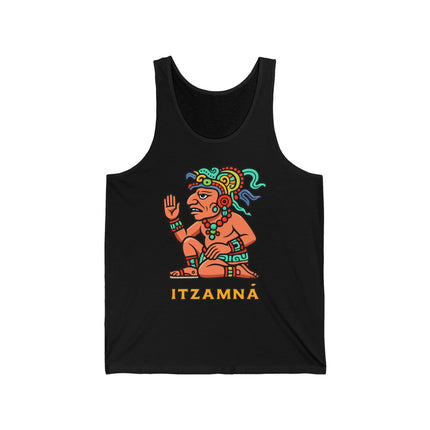 Colorful Itzamná Mayan god graphic tank top featuring ancient mythology art design.