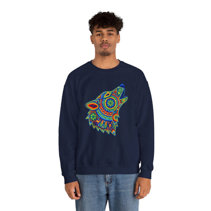 Rainbow Huichol tribal art wolf howling graphic on a navy sweatshirt.