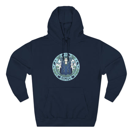 Lady of the Lake Nimue mythology graphic on a dark blue unisex hoodie.