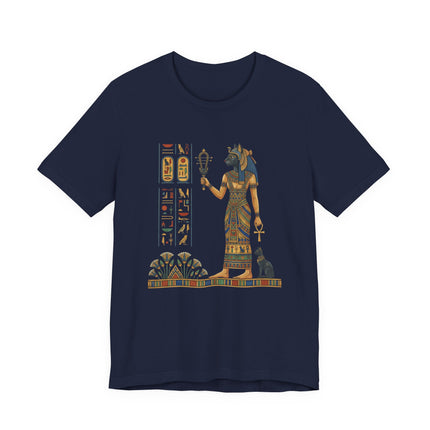 Bastet Egyptian goddess graphic tee featuring ancient hieroglyphs and mythology art.