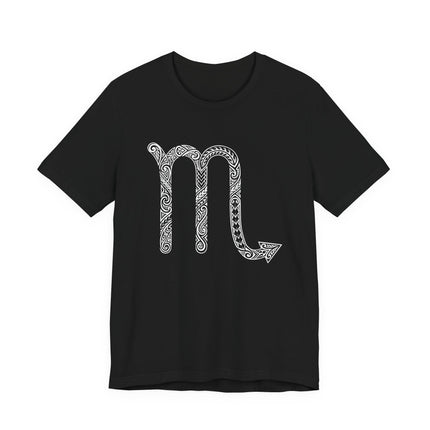 Polynesian tribal Scorpio zodiac sign graphic on a black t-shirt.