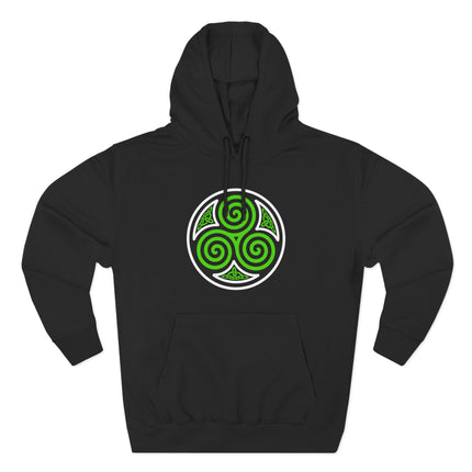 Green Celtic triskelion triple spiral symbol on a black pullover hoodie.