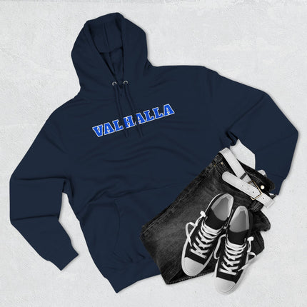 Navy Valhalla Norse graphic hoodie featuring bold blue text and Viking mythology theme.
