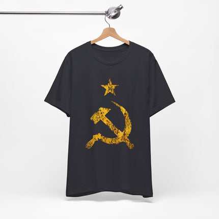 Grunge gold hammer and sickle star graphic on a black communist t-shirt.
