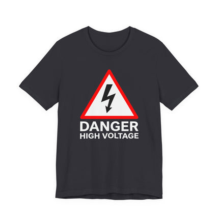 Danger High Voltage warning t-shirt featuring a red lightning bolt graphic and safety warning sign.