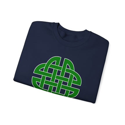 Green Celtic knotwork graphic on a navy blue sweatshirt.