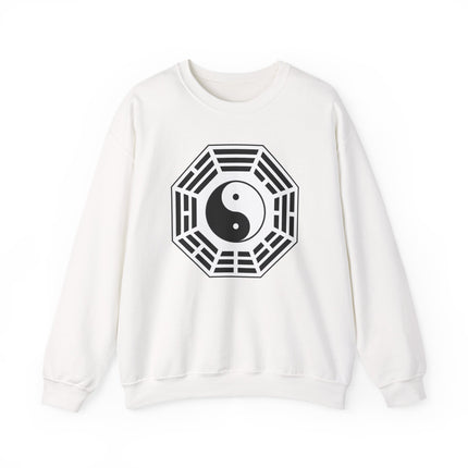 Yin Yang and Bagua symbol graphic on a white unisex pullover sweatshirt.