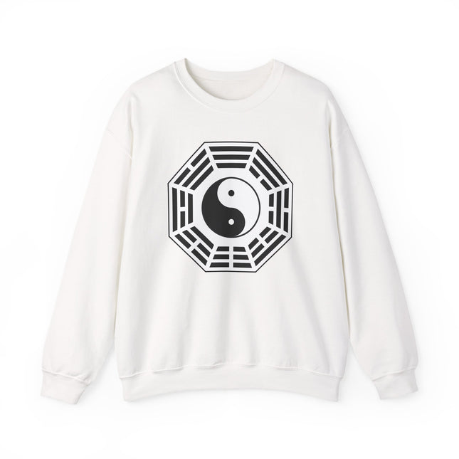 Yin Yang and Bagua symbol graphic on a white unisex pullover sweatshirt.