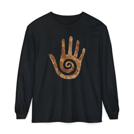 Spiral Healing Hand Long Sleeve T-Shirt | Textured Earth-Tone Motif Tee