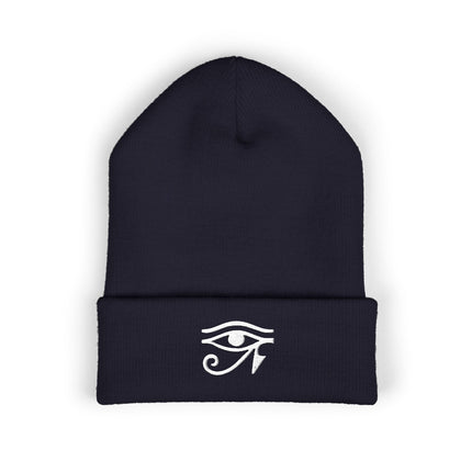 Eye of Ra Embroidered Cuffed Beanie with White Egyptian Symbol