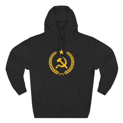 Gold hammer and sickle laurel wreath graphic on a black socialist hoodie.
