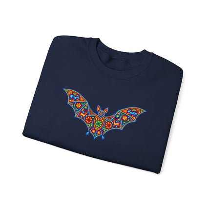 Vibrant Mexican Huichol bat design sweatshirt featuring colorful folk art print and pullover style.