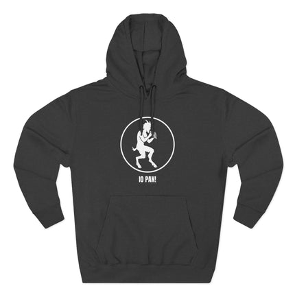 Pan satyr graphic playing flute on black hoodie. IO PAN! Greek mythology design.