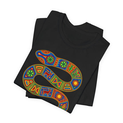 Vibrant Huichol-style serpent graphic art on a black t-shirt, featuring colorful indigenous tribal patterns.