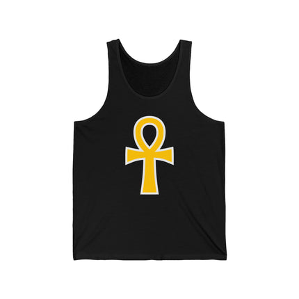 Black tank top with gold Ankh symbol. Egyptian key of life graphic tee.
