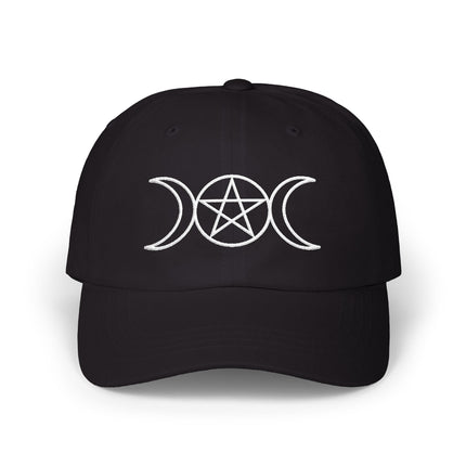 Black baseball cap embroidered with a triple moon and pentagram symbol.